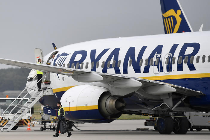 A Ryanair plane parks at the airport in Weeze, Germany, Sept. 12, 2018.