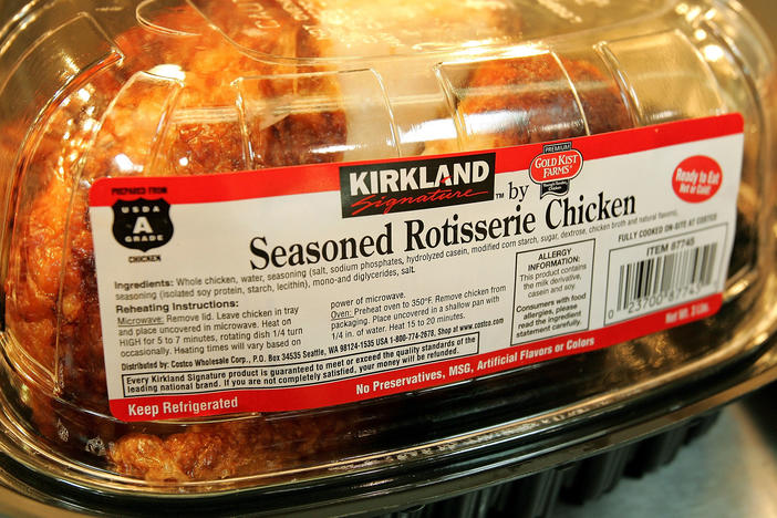 Costco's rotisserie chicken is still sold for $4.99, despite rising costs.