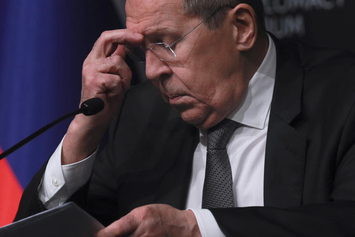 Russia's Foreign Minister Sergey Lavrov listens to questions during a news conference in Antalya, Turkey, in March 2022.