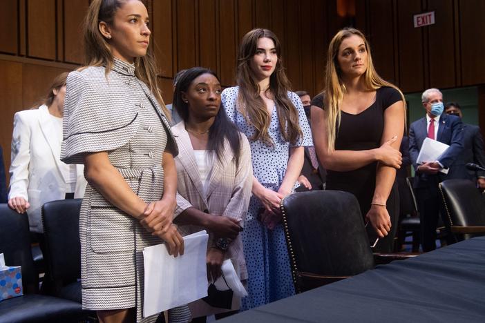 U.S. Olympic gymnasts Aly Raisman, Simone Biles, McKayla Maroney and gymnast Maggie Nichols appear at a Senate Judiciary hearing on September 15, 2021, regarding the Inspector General's report about the FBI's handling of abuse claims against former doctor Larry Nassar.