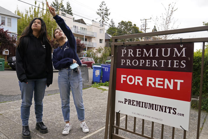 College students Sanaa Sodhi, right, and Cheryl Tugade look for apartments in Berkeley, Calif. in March of this year.