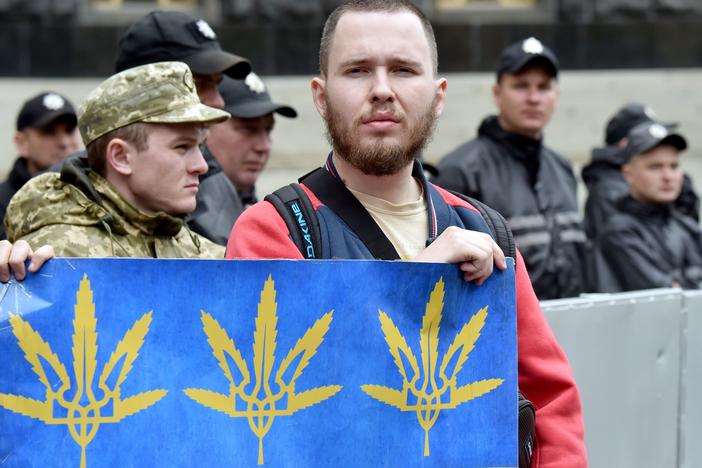 An activist holds a placard depicting cannabis leaves during a protest in Kyiv in May 2017. Ukraine is moving closer to legalizing medical cannabis, fueled in part by Russia's war.