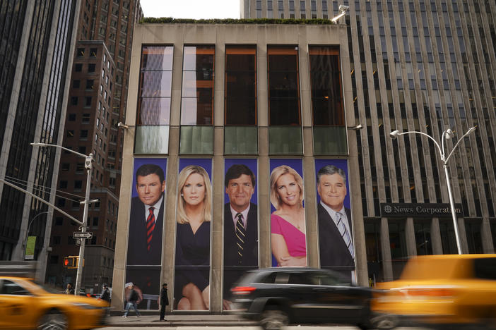 Fox News personalities adorn the front of the News Corporation building in 2019 in New York City.