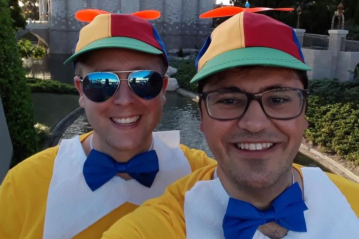 James Demetriades has been to Disney World in Florida more than 30 times. Demetriades (right) went with his boyfriend to Mickey's Not-So-Scary Halloween Party at the park in 2019.