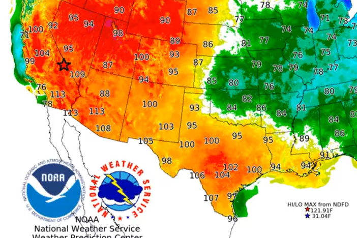 This weekend's heat wave will stretch from south Texas to California, where temperatures will climb as high as 115 degrees. This map is for Saturday's forecast.