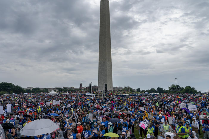 People participate in the second March for Our Lives rally in support of gun control in front of the Washington Monument in Washington, D.C.