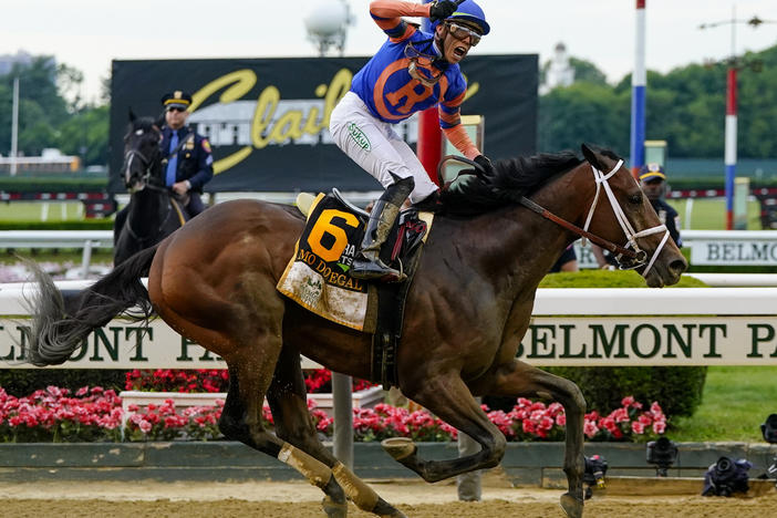 Mo Donegal (6), with jockey Irad Ortiz Jr. up, crosses the finish line to win the 154th running of the Belmont Stakes on Saturday at Belmont Park in Elmont, N.Y.