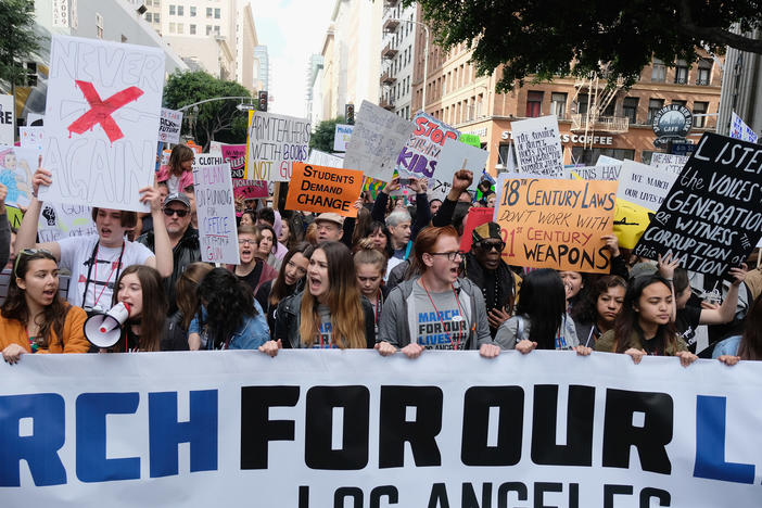 March for Our Lives demonstrators at a rally in Los Angeles in 2018. The activist group can typically be spotted donning blue and white colors. Meanwhile, the March for Life movement is often seen with red and white colors.