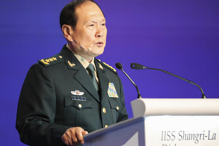 China's Defense Minister General Wei Fenghe speaks at a plenary session during the 19th International Institute for Strategic Studies (IISS) Shangri-la Dialogue, Asia's annual defense and security forum, in Singapore, Sunday, June 12, 2022.