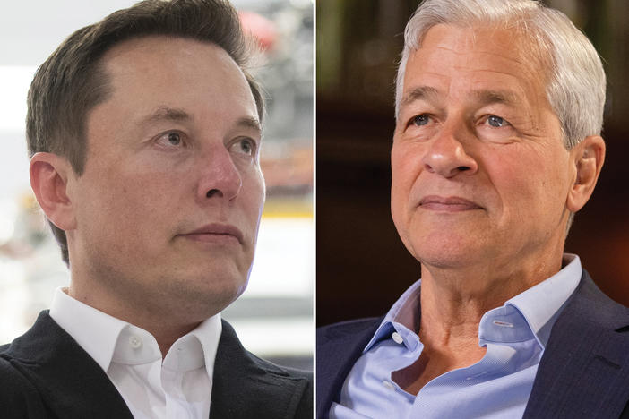 (L) Tesla CEO Elon Musk; (R) JPMorgan Chase CEO Jamie Dimon