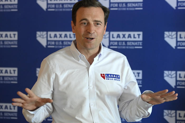 Nevada Republican U.S. Senate candidate Adam Laxalt speaks during a campaign event on Saturday in Logandale, Nev.