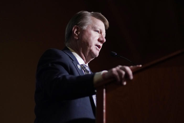 Jim Marchant speaks at a Republican election night watch party on Nov. 3, 2020, in Las Vegas.
