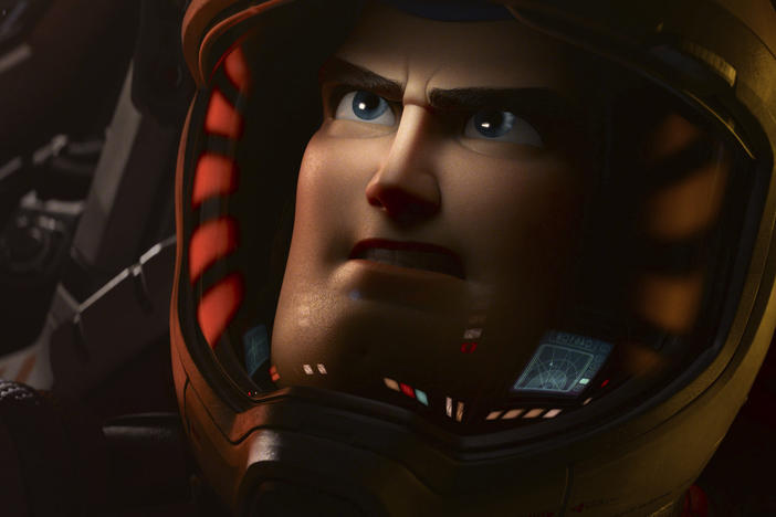 This image released by Disney/Pixar shows character Buzz Lightyear, voiced by Chris Evans, in a scene from the animated film "Lightyear," releasing later this week.
