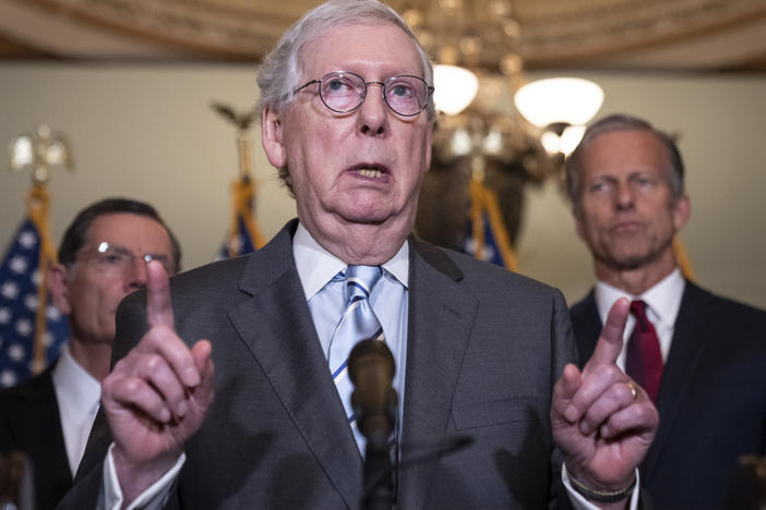 Senate Minority Leader Mitch McConnell, seen here speaking during a news conference after a Senate Republican lunch meeting on June 7, 2022, said he will support a gun bill in the Senate if it sticks to the proposed framework announced over the weekend.