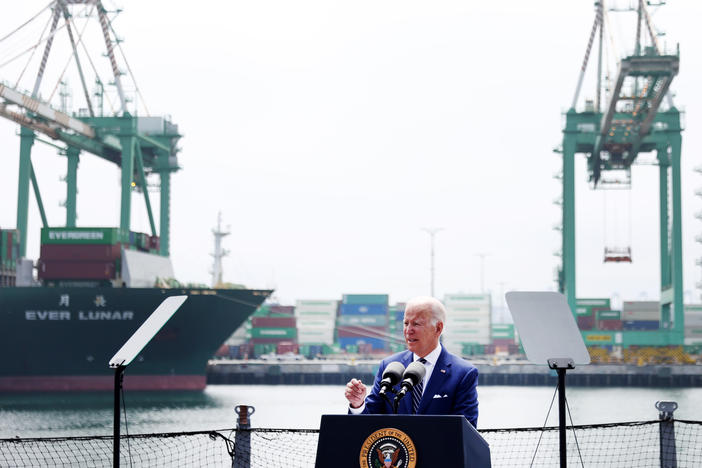 President Biden railed against oil company profits at an event at the Port of Los Angeles, saying, "Exxon made more money than God last year."