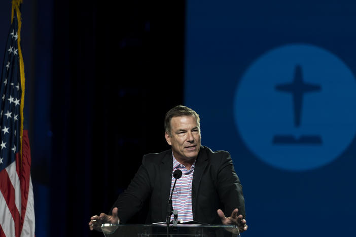 Bruce Frank, chairman of the Southern Baptist Convention's sexual abuse task force, speaks during its annual meeting in Anaheim, Calif., Tuesday, June 14, 2022.
