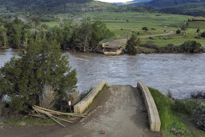 A washed out bridge shown along the Yellowstone River Wednesday, June 15, 2022, near Gardiner, Mont.