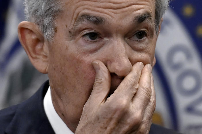 Federal Reserve Chair Jerome Powell looks on after taking the oath of office for his second term at the helm of the central bank at the Fed's headquarters in Washington, D.C., on May 23. The Fed raised interest rates by three-quarters of a percentage point on Wednesday.