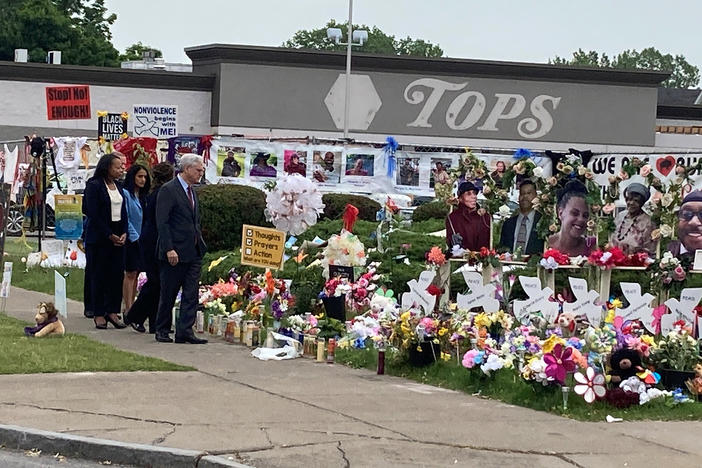 Attorney General Merrick Garland. visits the Tops Friendly Market grocery store in Buffalo, N.Y., on Wednesday, June 15, 2022, the site of a May mass shooting in which 10 Black people were killed.