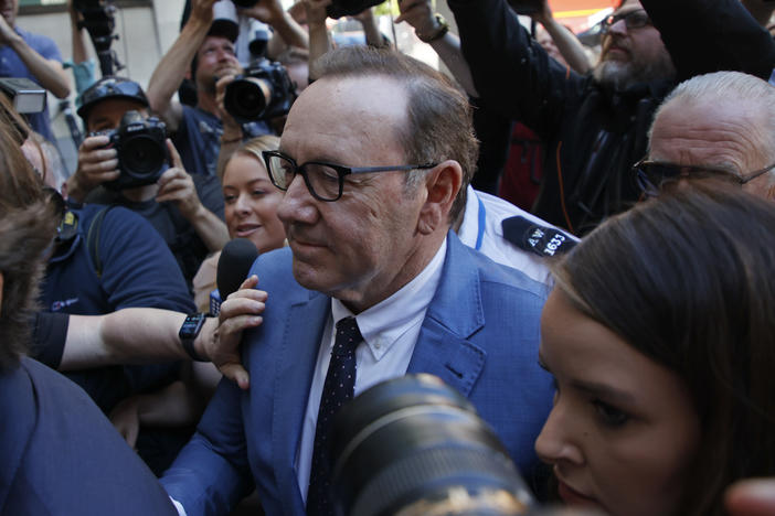 Actor Kevin Spacey arrives at the Westminster Magistrates court in London on Thursday. He was released on bail after being charged with sexual offenses against three men.