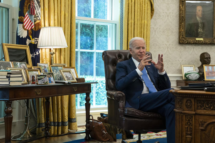 President Joe Biden speaks during an interview with The Associated Press in the Oval Office of the White House on Thursday, June 16, 2022.