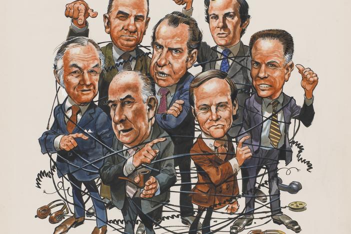 Jack Davis, <em>Watergate Breaks Wide Open.</em> Watercolor and ink on paperboard, 1973. National Portrait Gallery, Smithsonian Institution
