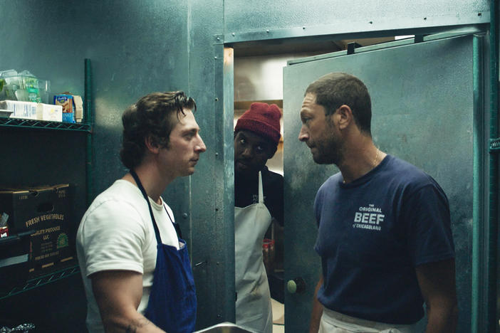 Jeremy Allen White as Carmen 'Carmy' Berzatto, Lionel Boyce as Marcus, and Ebon Moss-Bachrach as Richie.