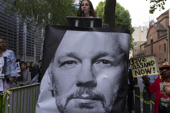 Stella Assange, wife of WikiLeaks founder Julian Assange, speaks in front of the U.K. Home Office in London as protesters demand Julian Assange's release on May 17. Home Secretary Priti Patel signed the extradition order on Friday.
