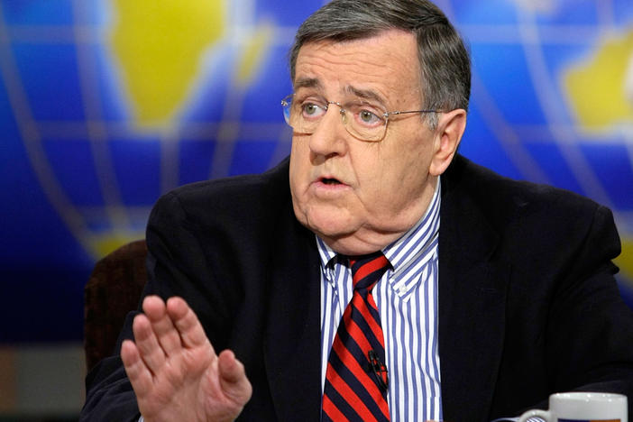 Mark Shields speaks during a taping of NBC's <em>Meet the Press</em> on Feb. 17, 2008, in Washington, D.C. The longtime PBS NewsHour commentator has died at age 85.