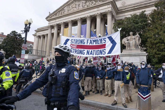 Members of the white supremacist group Patriot Front were seen marching near the National Archives in Washington, D.C., in January.
