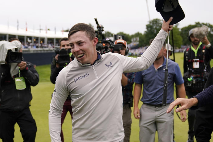 Matthew Fitzpatrick reacts after winning the U.S. Open golf tournament at The Country Club, Sunday in Brookline, Mass.