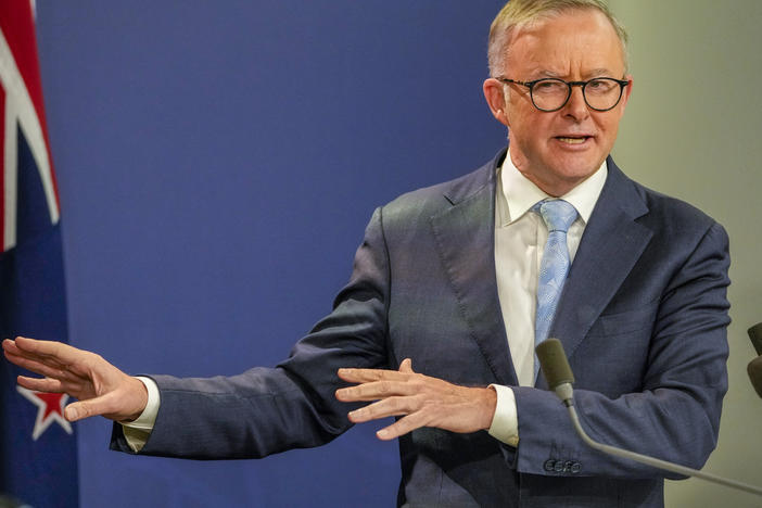 Australian Prime Minister Anthony Albanese gestures during a news conference in Sydney Friday, June 10, 2022.