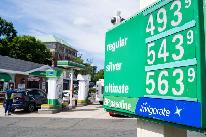 The national average for a gallon of regular gasoline stands at $4.98, according to <a href="https://gasprices.aaa.com/">AAA</a>. Here, a gas station in McLean, Va., displays it prices last week.