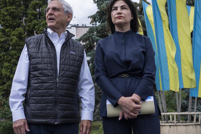 U.S. Attorney General Merrick Garland and Ukrainian Prosecutor General Iryna Venediktova meet in Krakovets, along the Ukrainian border with Poland, on Tuesday.