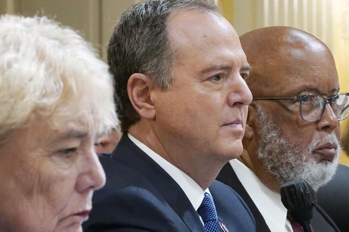 Committee members from left, Rep. Pete Aguilar, D-Calif., Rep. Zoe Lofgren, D-Calif., Rep. Adam Schiff, D-Calif., and Chairman Bennie Thompson, D-Miss., listen as the House select committee investigating the Jan. 6 attack on the U.S. Capitol continues to reveal its findings of a year-long investigation on Tuesday.