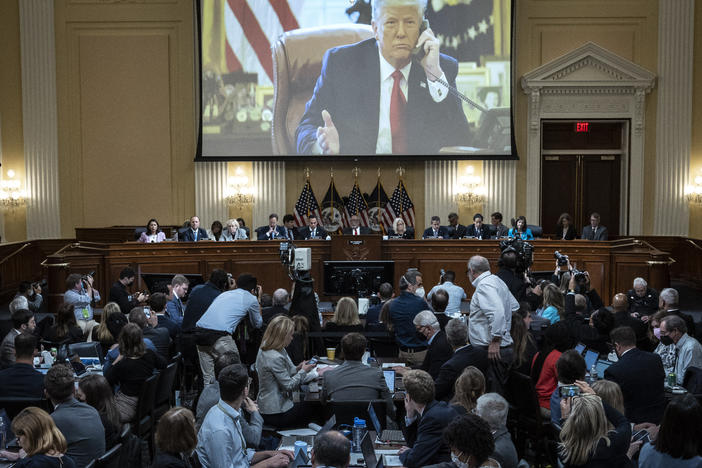 An image of former President Trump is displayed during the third hearing of the House Jan. 6 committee Thursday.