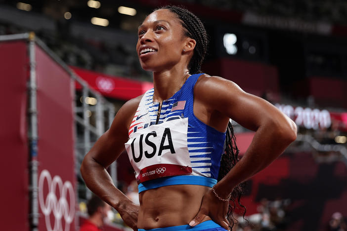 Allyson Felix reacts after winning a gold medal in the Women's 4 x 400m Relay Final at the Tokyo Olympic Games in August 2021.