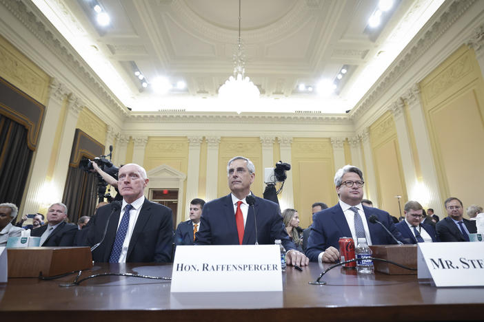 (L-R) Rusty Bowers, Arizona House Speaker; Brad Raffensperger, Georgia Secretary of State; and Gabriel Sterling, Georgia Secretary of State Chief Operating Officer, appear for testimony during the fourth hearing.