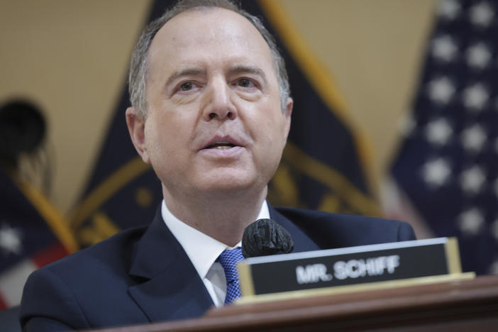 Rep. Adam Schiff delivers remarks during a hearing by the House select committee to investigate the Jan. 6 Capitol attack on Tuesday in Washington.