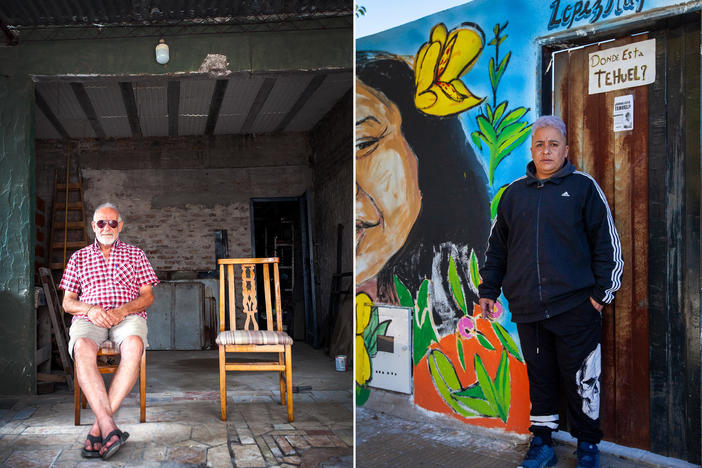 <strong>Izquierda</strong>: Andrés de la Torre, padre de Tehuel de la Torre. Tehuel es un joven trans que desapareció en marzo de 2021. <strong>Derecha</strong>: Say Sacayán, activista por los derechos de las personas transgénero, frente a un cartel que dice "¿Dónde está Tehuel?".
