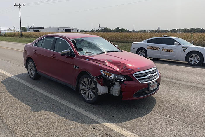 This photo shows the car that South Dakota Attorney General Jason Ravnsborg was driving on Sept. 12, 2020 when he struck and killed a pedestrian. Secretary of Public Safety Craig Price said Monday, Nov. 2, 2020, that Ravnsborg was distracted before he drove onto a highway shoulder where he struck and killed 55-year-old Joe Boever.