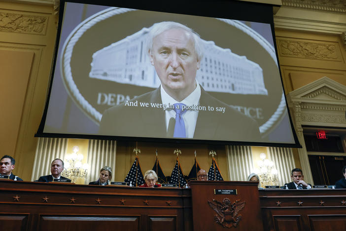 Video showing an interview of former acting Attorney General Jeffrey Rosen is played during a hearing by the Select Committee to Investigate the January 6th Attack on the U.S. Capitol in the Cannon House Office Building on June 13, 2022, in Washington, D.C.