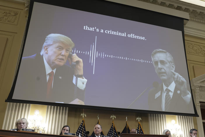 The House Select Committee has used TV news techniques and documentary evidence to argue that then President Donald Trump knowingly pressured public officials to commit illegal acts. In this case, the panel displayed a transcript of his call to Georgia Secretary of State Brad Raffensperger as it played excerpts of the audio.
