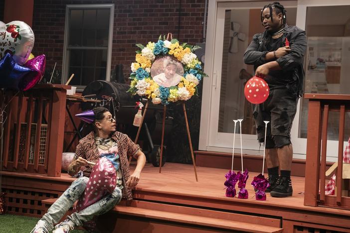 Chris Herbie Holland (L.) as Tio and Marcel Spears as Juicy in <em>Fat Ham</em> at New York's Public Theater.