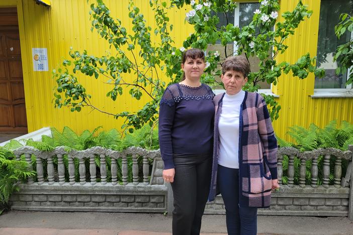 Iryna Andrusha (left) and Kateryna Andrusha, sister and mother, respectively, of Ukrainian school teacher Viktoria Andrusha, who was taken by Russian forces from the village of Novyi Bykiv in late March.