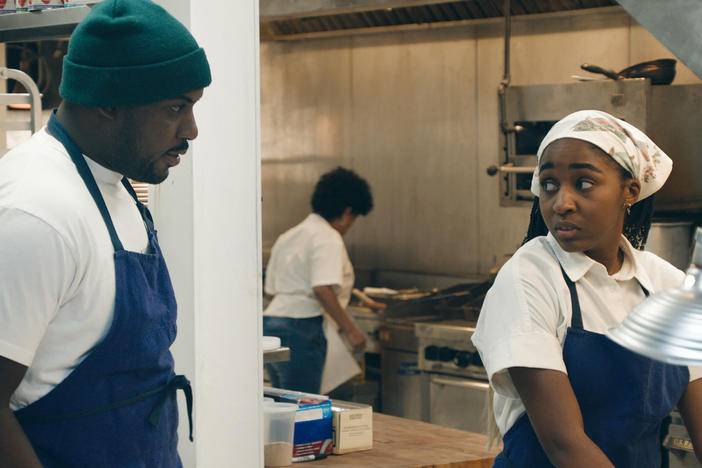 Lionel Boyce as Marcus and Ayo Edebiri as Sydney on the new FX show <em>The Bear. </em>