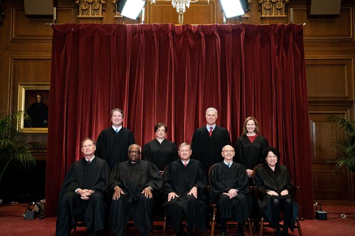 A group photo of the justices at the Supreme Court in Washington on April 23, 2021. Seated from left: Samuel Alito, Clarence Thomas, John Roberts, Stephen Breyer and Sonia Sotomayor. Standing from left: Brett Kavanaugh, Elena Kagan, Neil Gorsuch and Amy Coney Barrett.