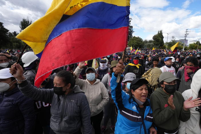 Protesters rally to show their support for the recent protests and national strike against the government of President Guillermo Lasso in Quito, Ecuador, on June 25, 2022.