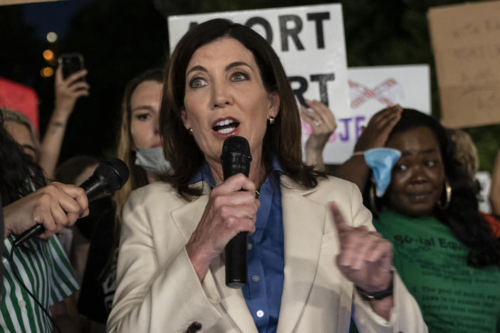 Democratic Gov. Kathy Hochul speaks as hundreds protesters gathered on June 24 in Union Square in New York City, N.Y., to protest against the U.S. Supreme Court decision overturning <em>Roe v. Wade.</em>