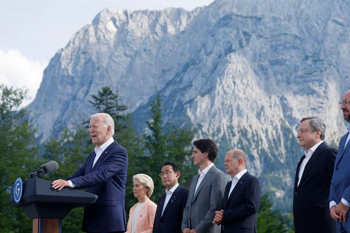 President Biden appears with other G7 leaders on Sunday, as a summit at Elmau Castle in the German Alps gets underway. Biden announced a $200 billion U.S. investment as part of a global infrastructure project by major democracies to counter China's investments in developing countries.